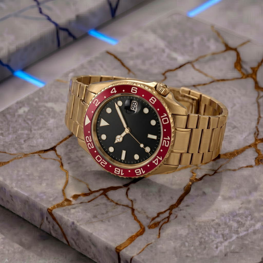 Montreval Navex RED Gold – automatic watch, stainless steel case and bracelet