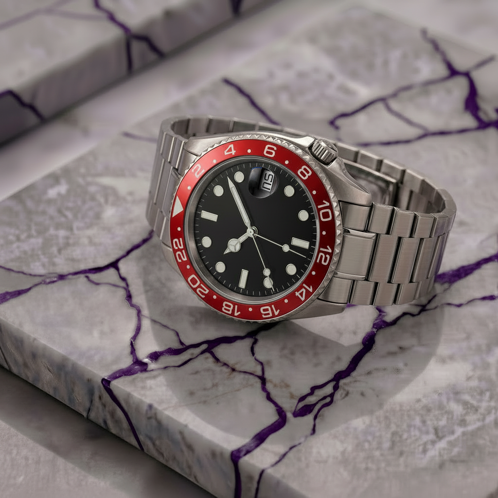 Montreval Navex RED Steel – automatic watch, stainless steel case and bracelet
