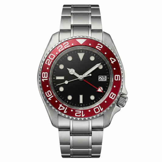 Montreval Navex RED Steel – automatic watch, stainless steel case and bracelet